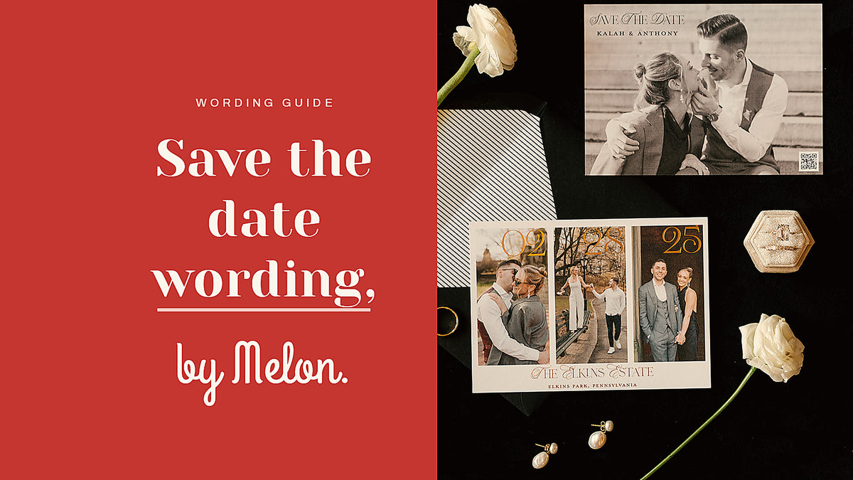 Kalah and Anthony's black-and-white photo save the date with gold foil Elkins Estate card, By Melon bespoke stationery