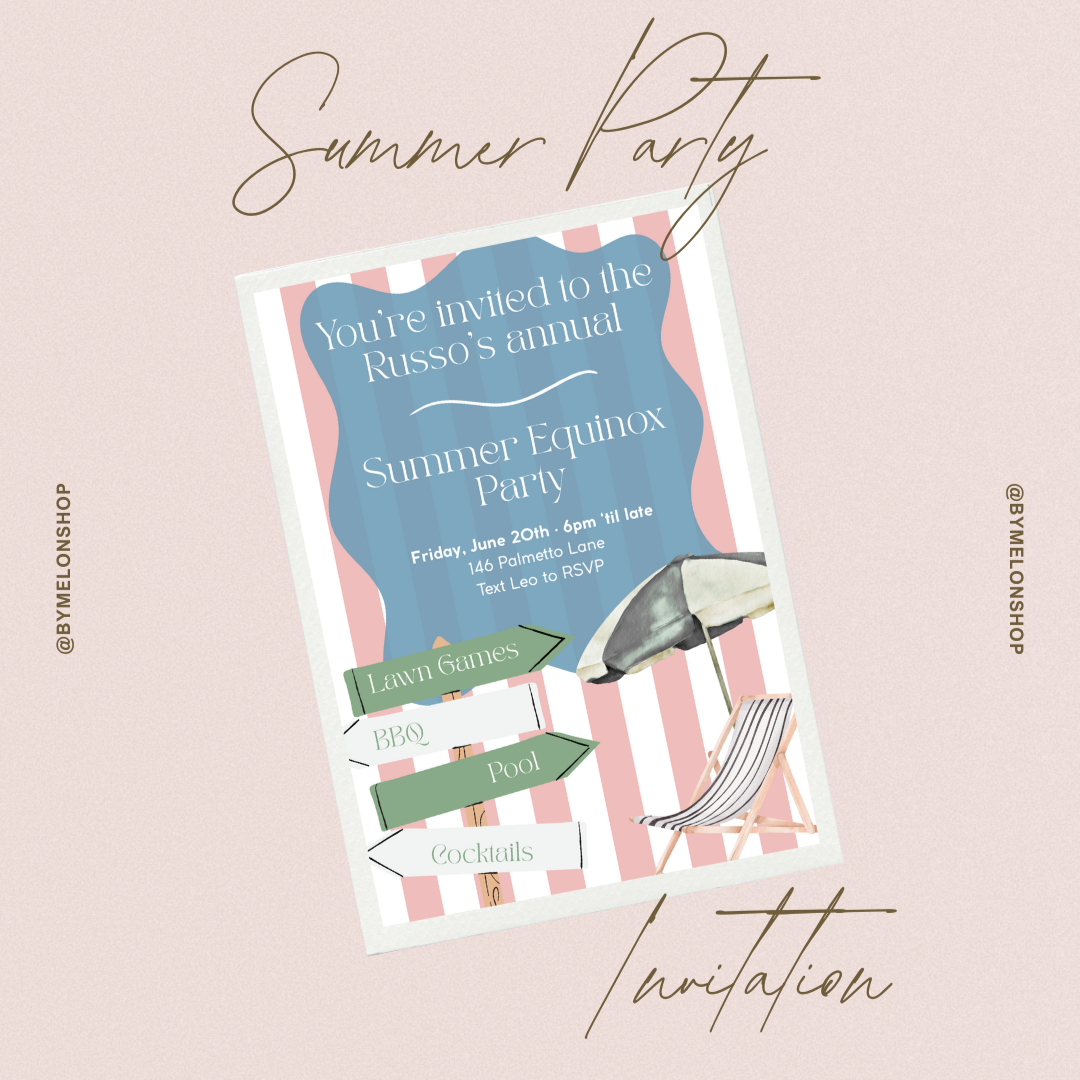 Summer party invitation card with beach-themed elements on a pink background