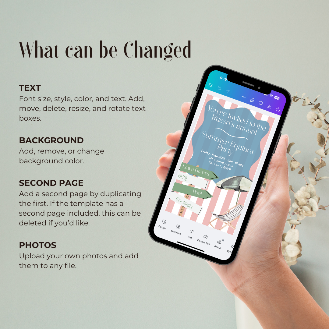 What can be changed on a By Melon Template hand holding a phone with a design app open, showing text customization options.