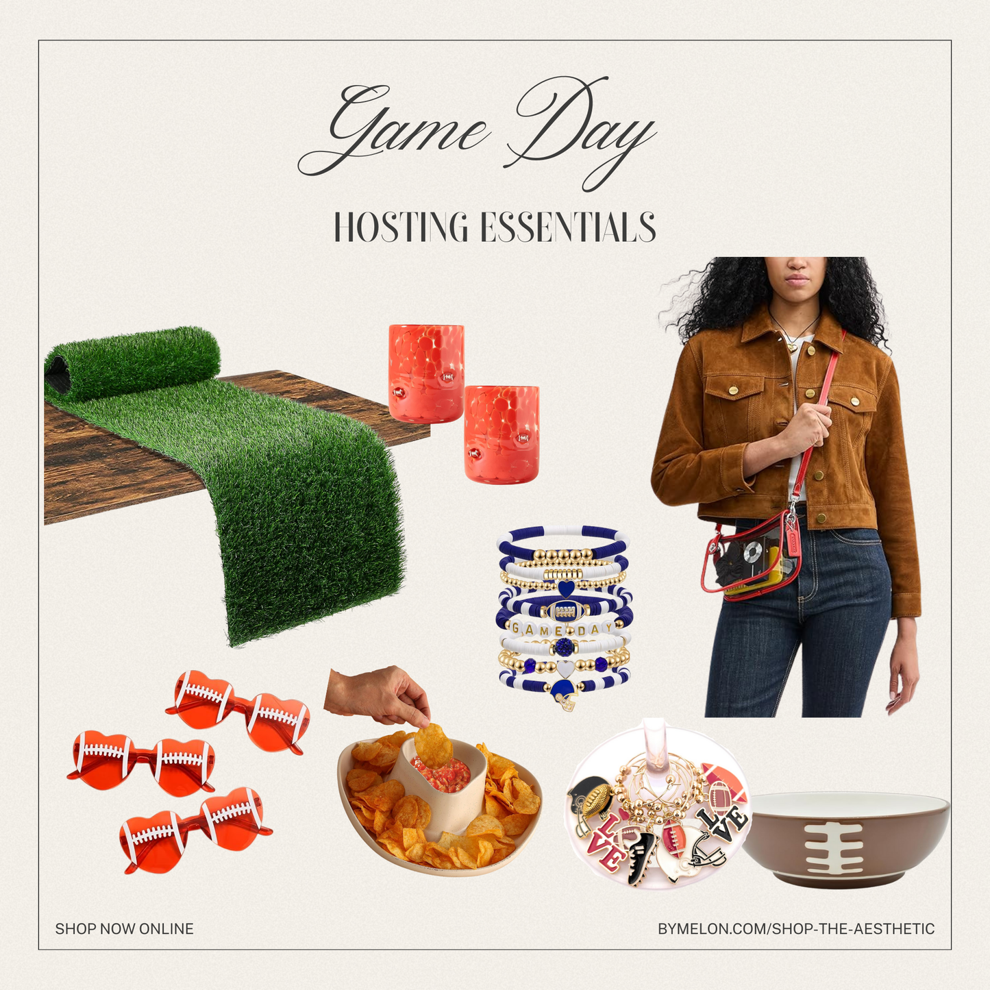 Game day hosting essentials including a table with grass runner, decorative items, and a person holding a drink.