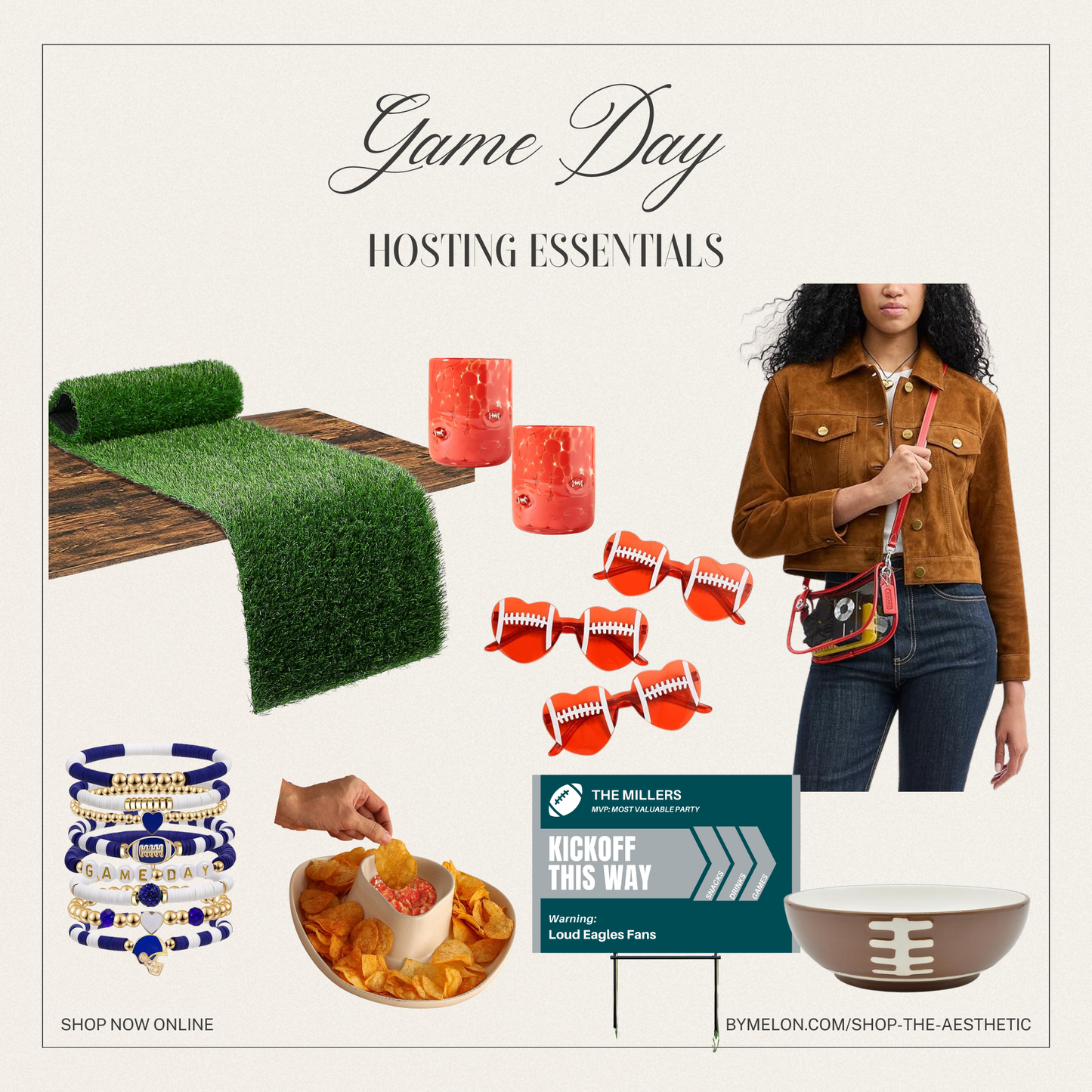 Game day hosting essentials including a table with grass runner, decorative items, and a person holding a bag.