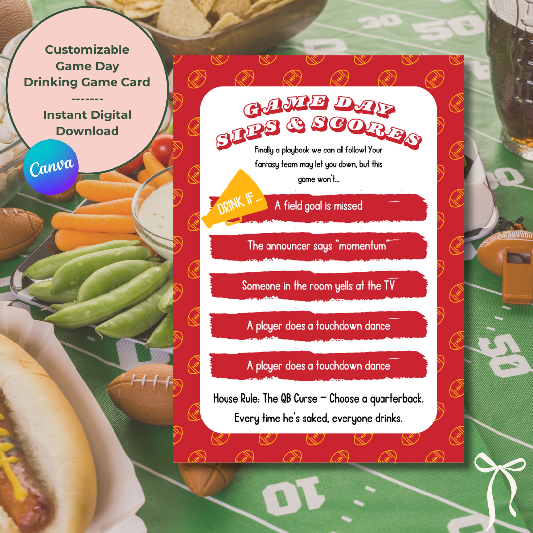 Game day sips and scores card with football-themed background
