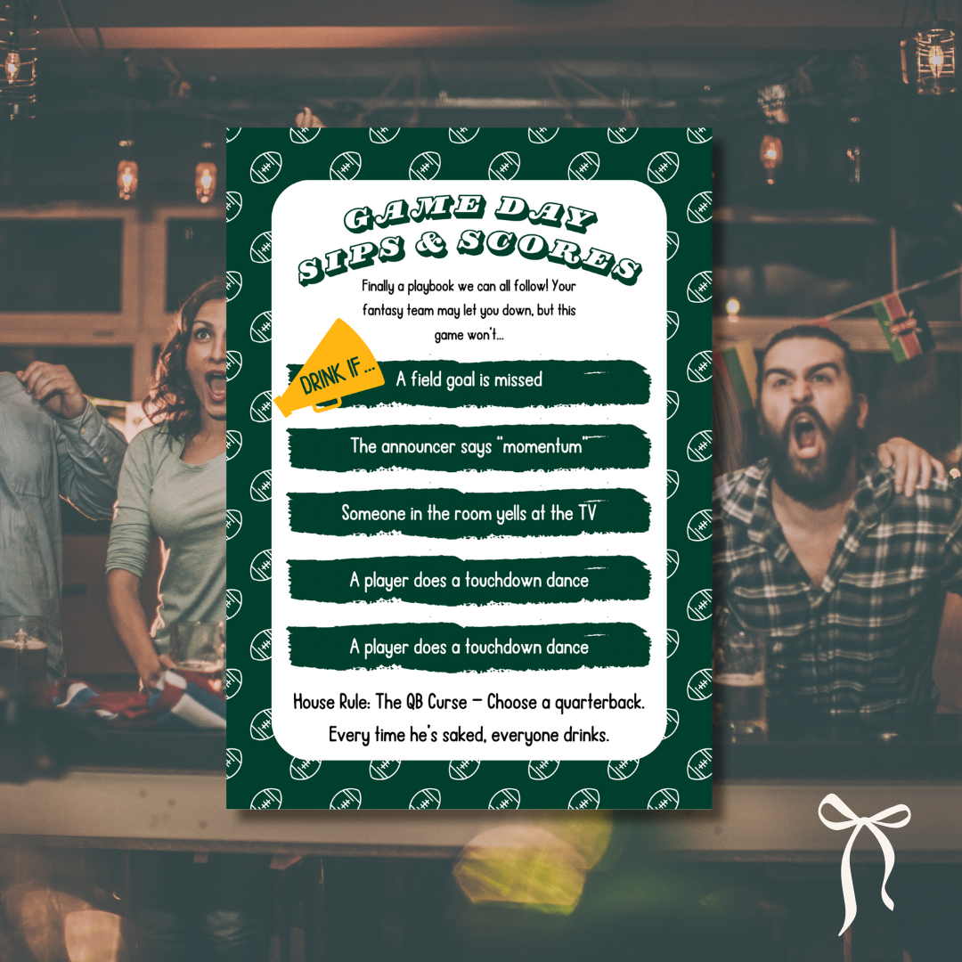 Game day-themed sign with humorous drinking rules in a casual setting.