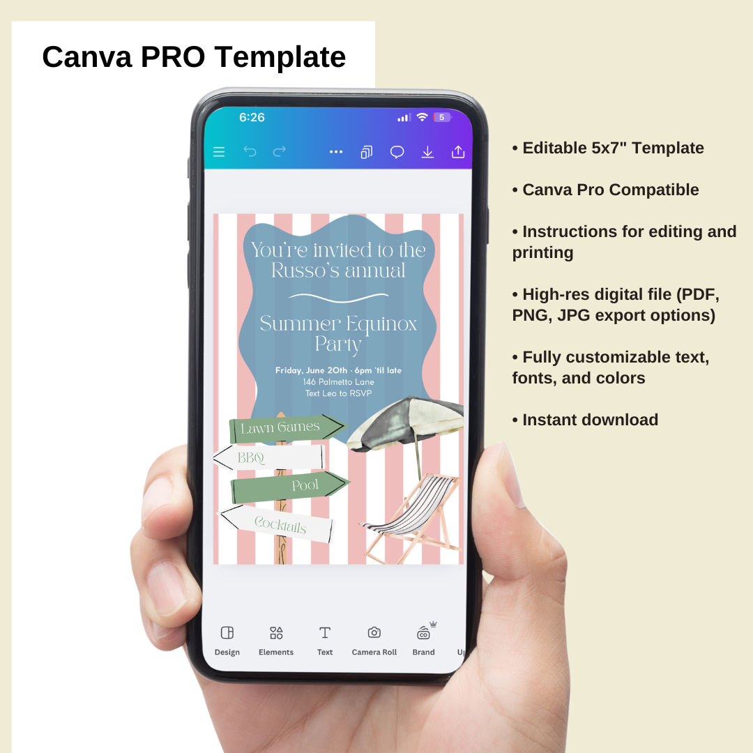 Hand holding a phone displaying a Canva Pro template with event invitation design.