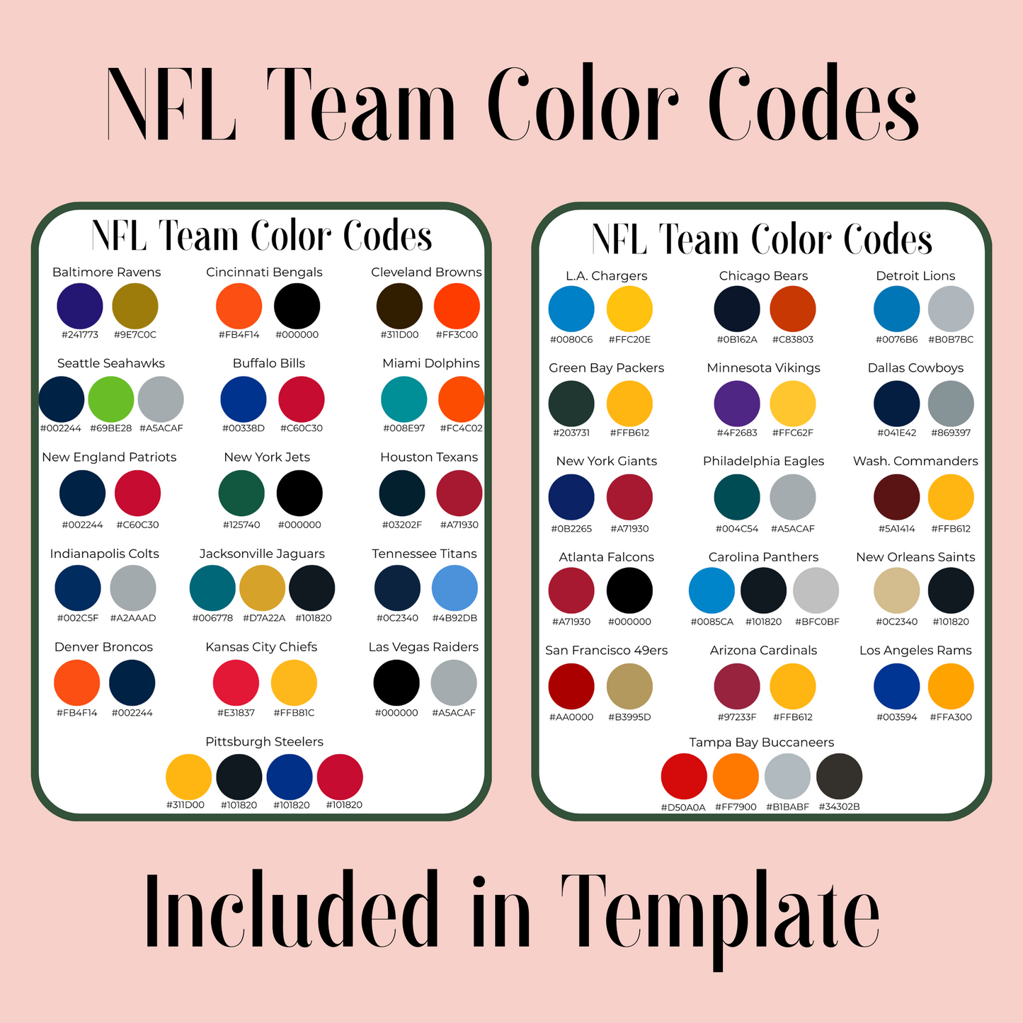NFL team color codes chart on a pink background