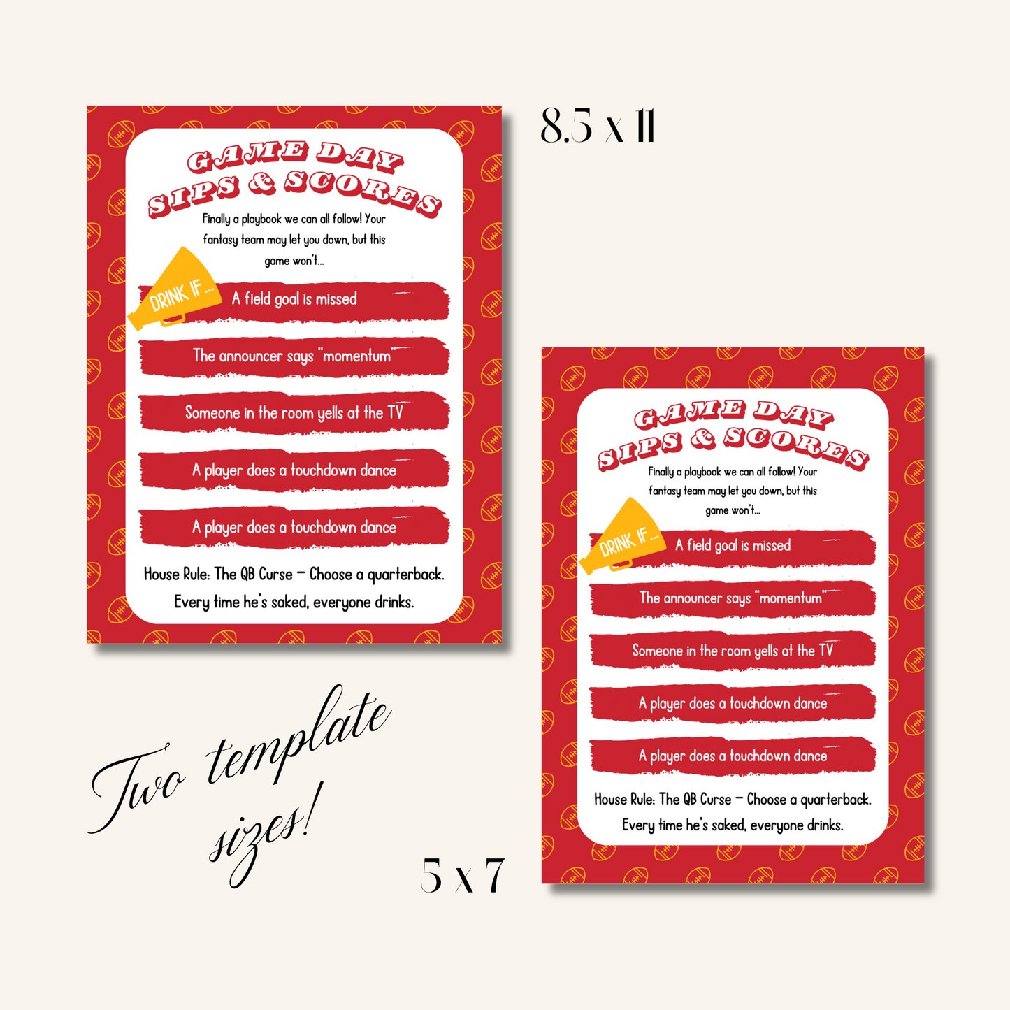 Game Day Sips & Scores | Printable Football Party Drinking Game (Editable Canva Template)