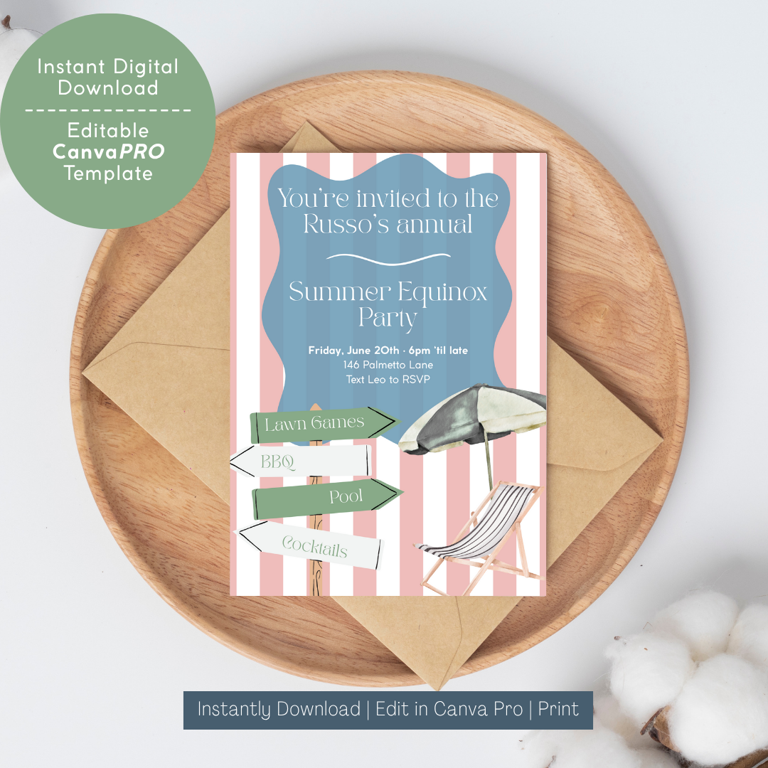 Summer party invitation card on a wooden plate with an envelope