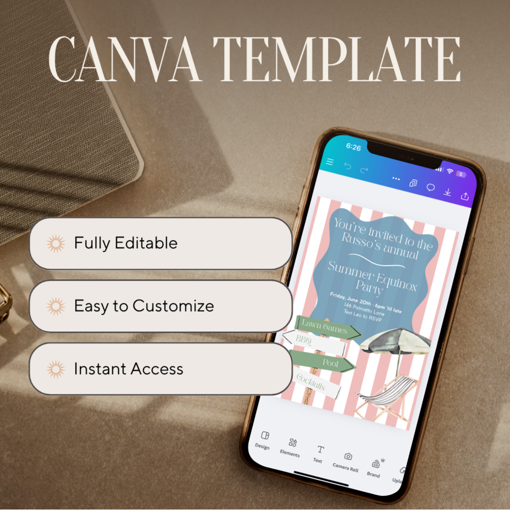 Smartphone displaying a Canva template with text about compatibility, features, and instant access.
