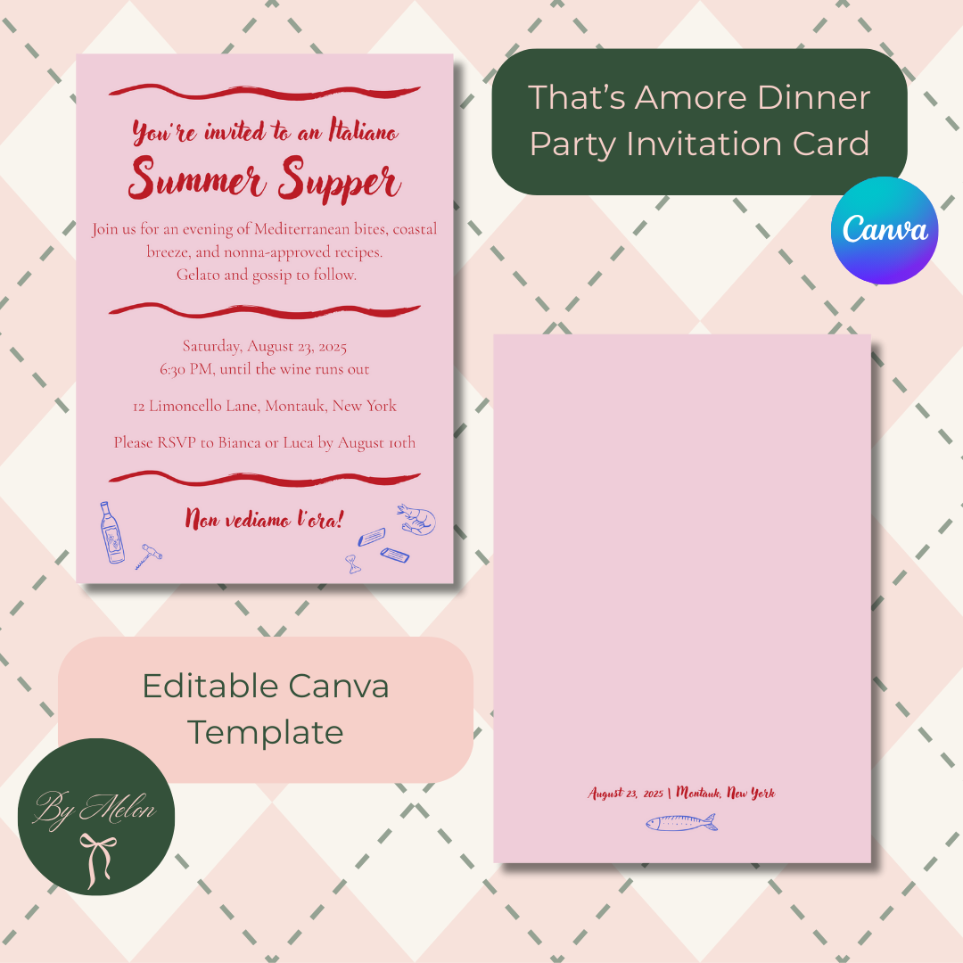 Pink dinner party invitation card with text on a patterned background, featuring Canva branding.