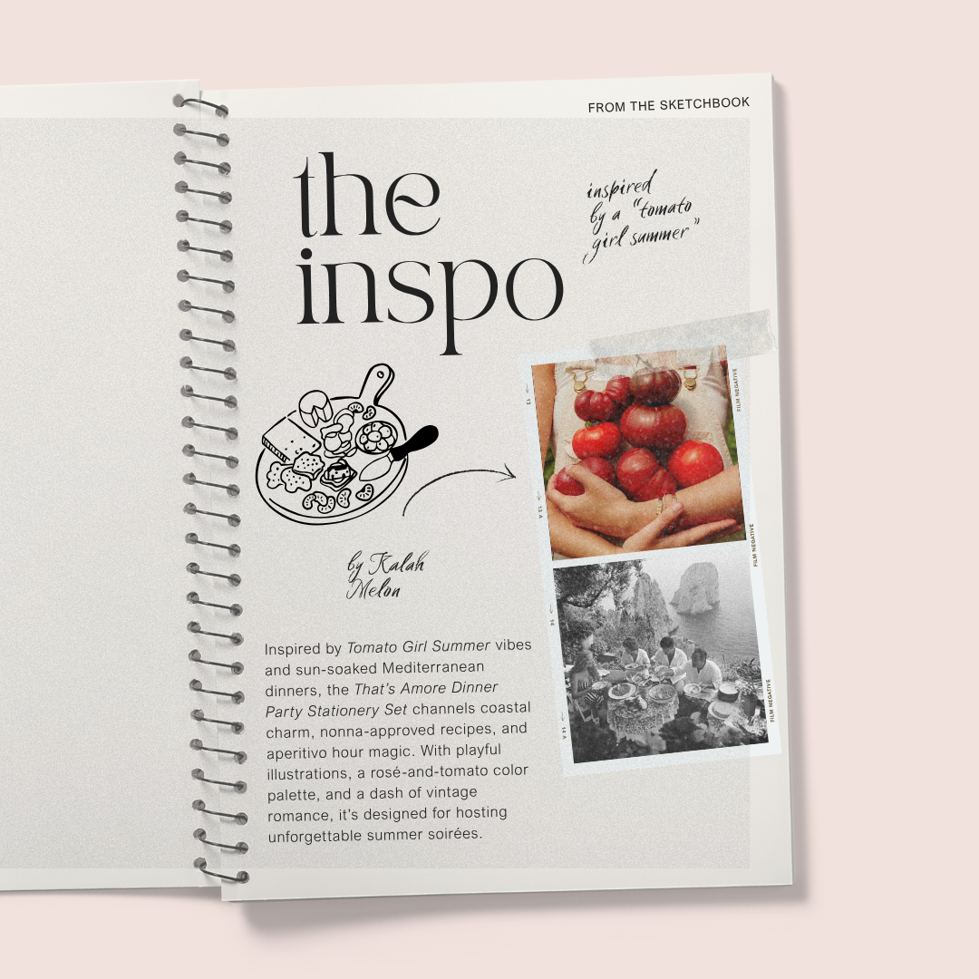 Spiral-bound notebook titled 'the inspo' on a pink background explaining the inspiration behind this stationery set