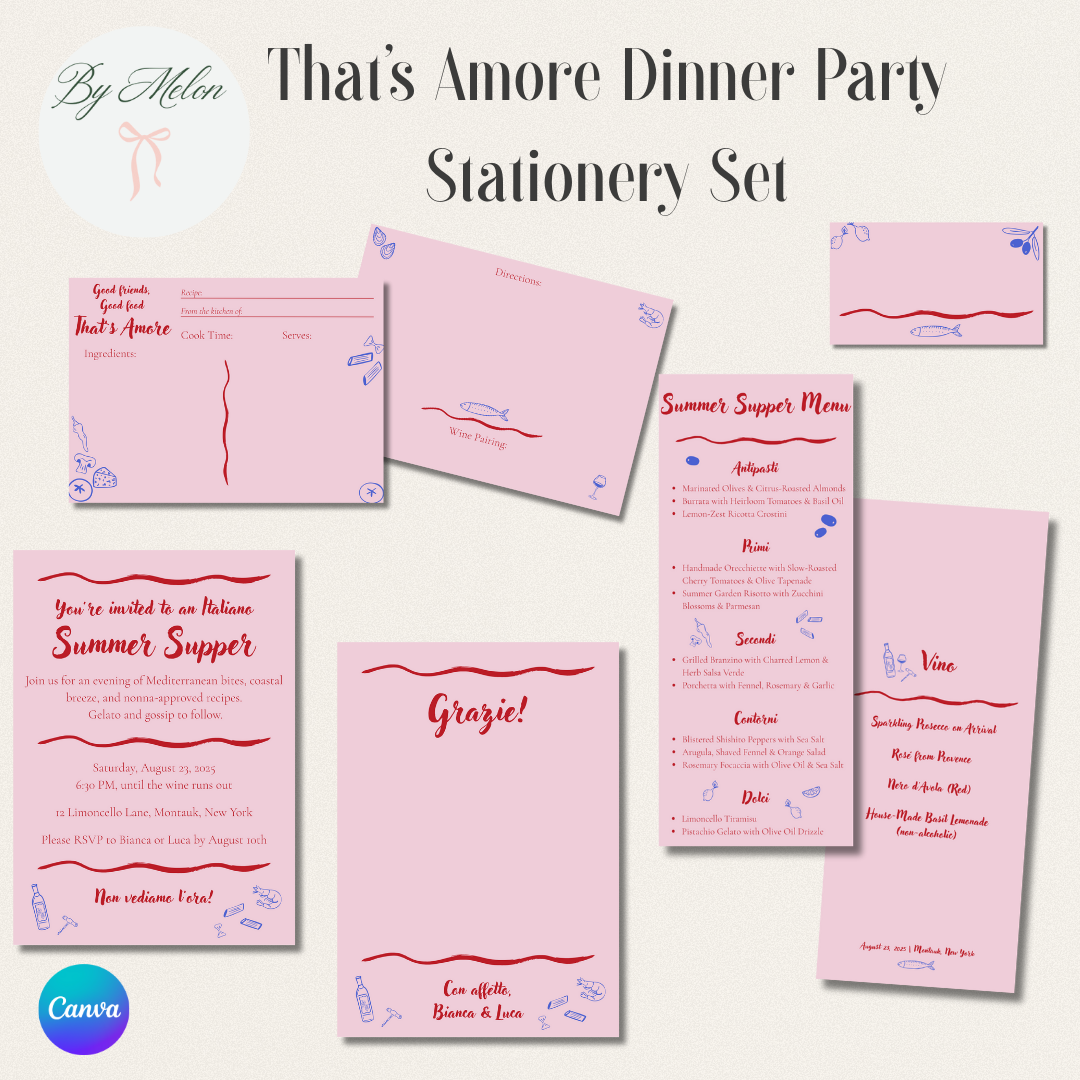 Pink stationery set with 'That's Amore Dinner Party' branding on a white background.