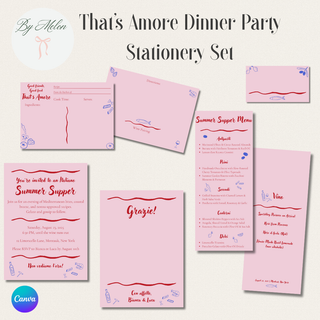 Pink stationery set with 'That's Amore Dinner Party' branding on a white background.