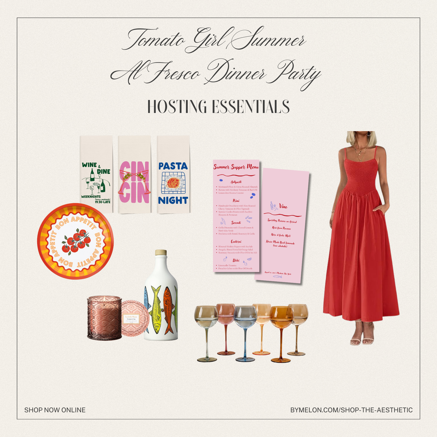 Tomato girl summer dinner party with hosting essentials including a woman in a red dress, wine glasses, and decorative items.