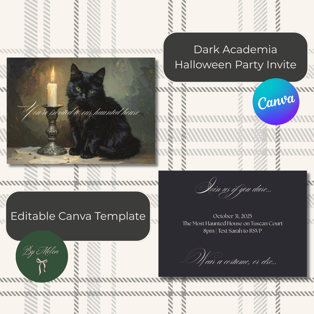 Dark Academia Halloween Party Invite with black cat and candle on a plaid background, featuring Canva branding.