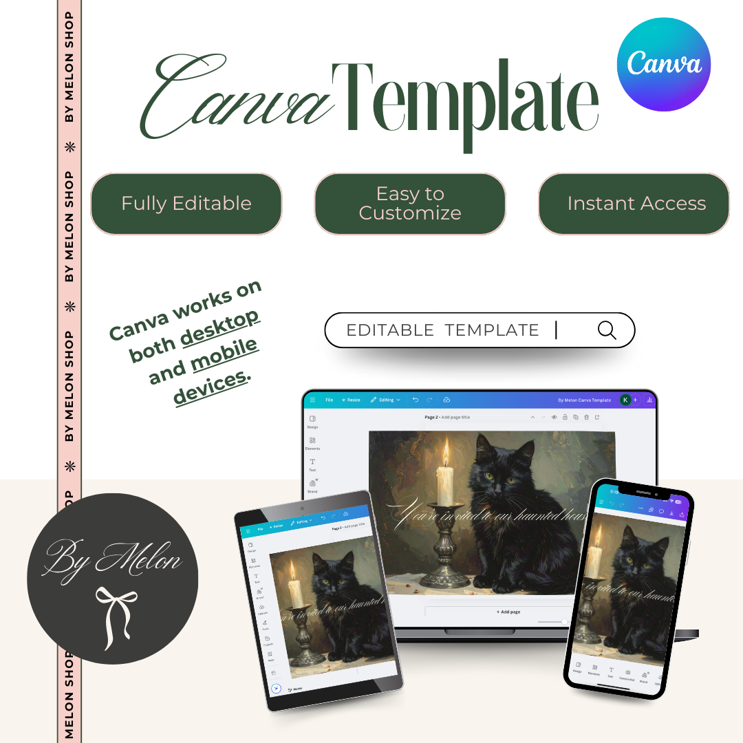 Editable Halloween invitation Canva template shown on laptop, tablet, and phone for easy customization.