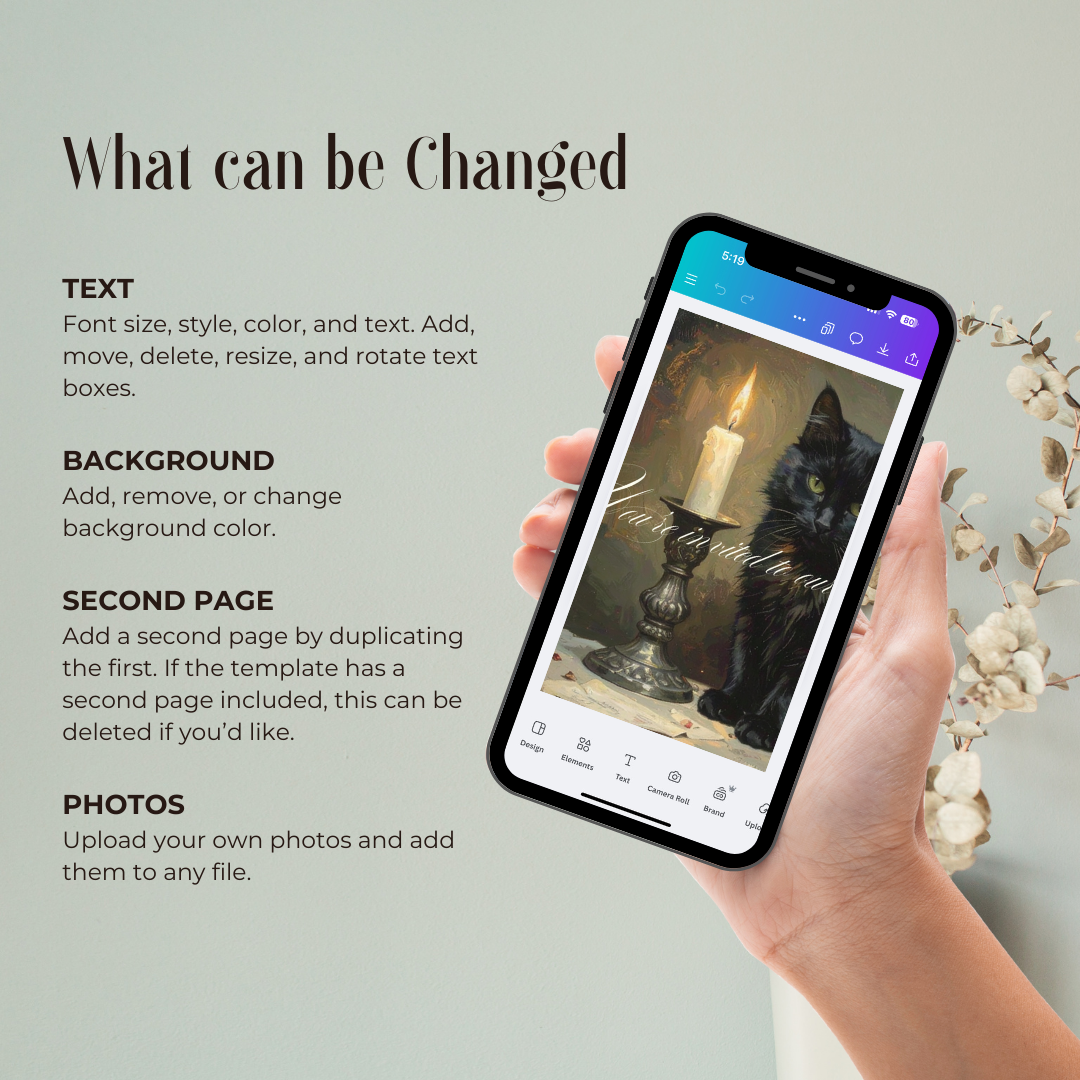 Halloween invitation template customization on smartphone — change fonts, text, and background easily in Canva