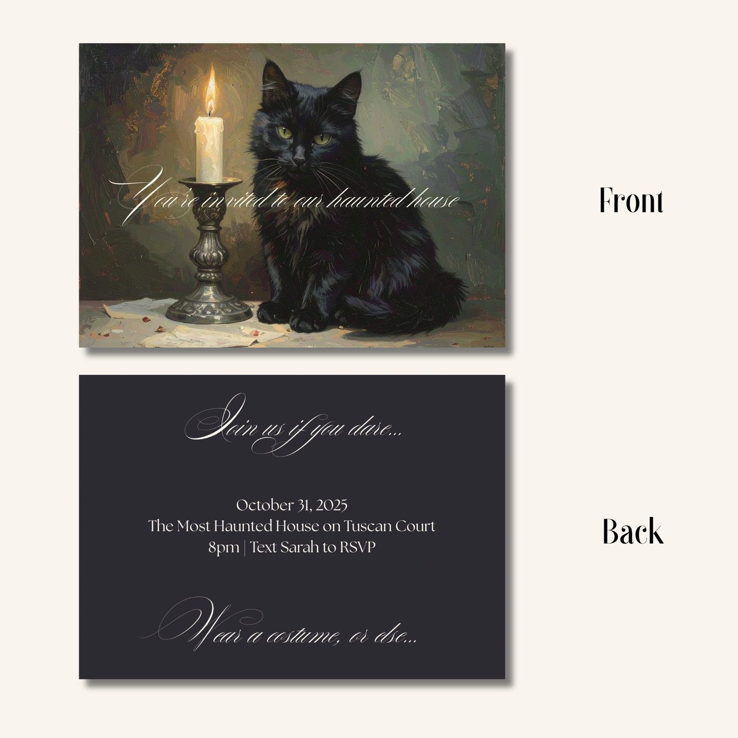 Double-sided Halloween Canva invitation template preview with gothic black cat design, front and back view.