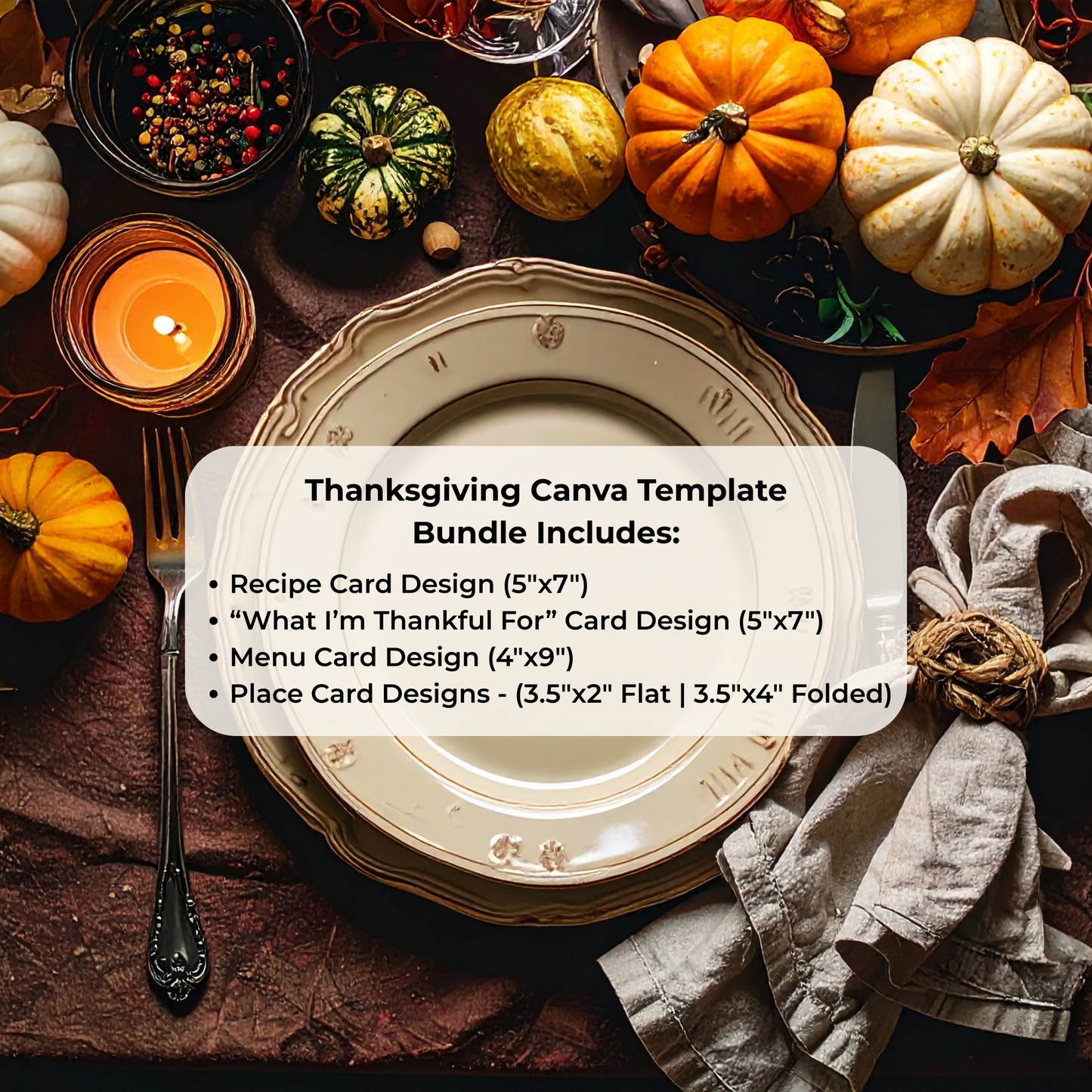 Thanksgiving-themed table setting with pumpkins, candles, and a plate, featuring a what's included in Canva template bundle.