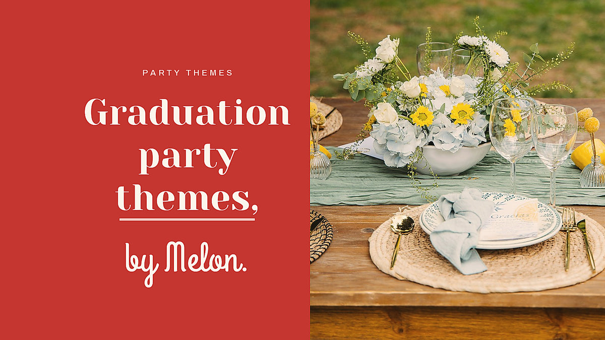 Outdoor graduation table with lemons, white flowers and rattan chargers