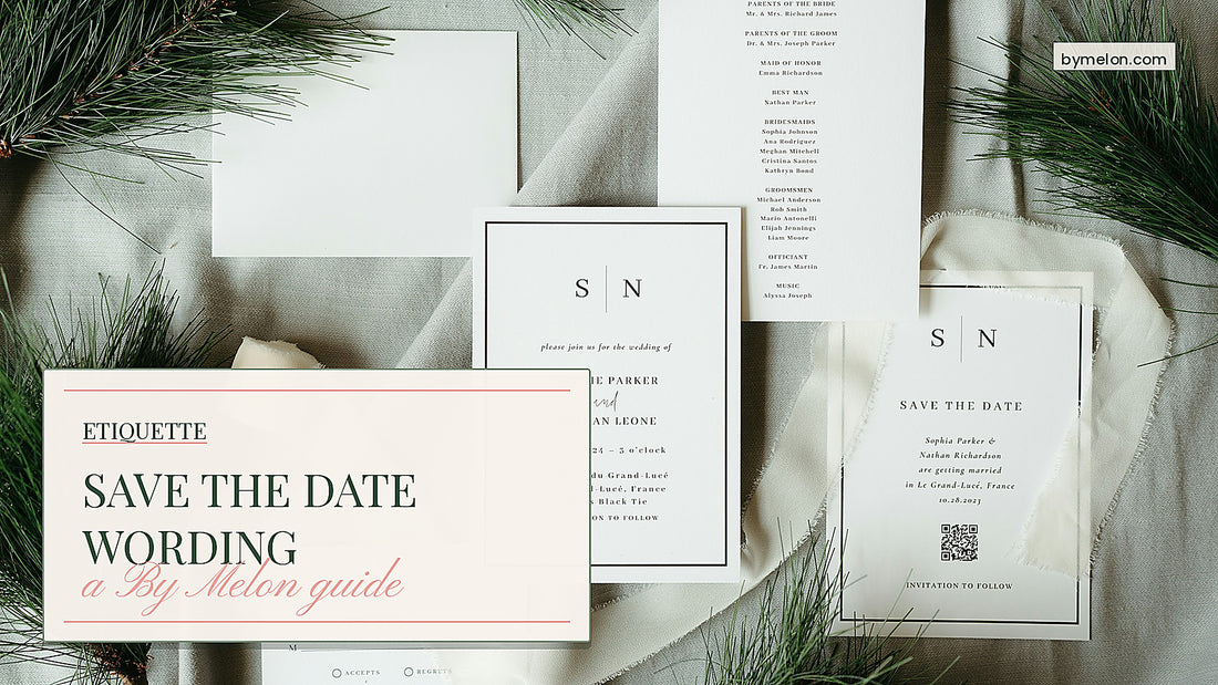 Save the date wording etiquette and 20 modern examples for 2026 — wedding stationery suite with pine branches and ribbon