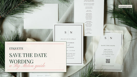 Save the date wording etiquette and 20 modern examples for 2026 — wedding stationery suite with pine branches and ribbon