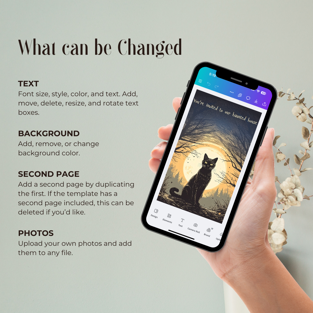 Hand holding a phone with a digital design app open, showing a Halloween invitation with a cat in a moonlit scene, with text on changes that can be made.