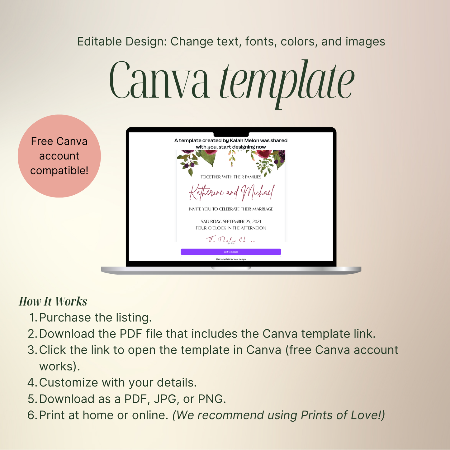 Canva template with a laptop displaying a wedding invitation design on a beige background.