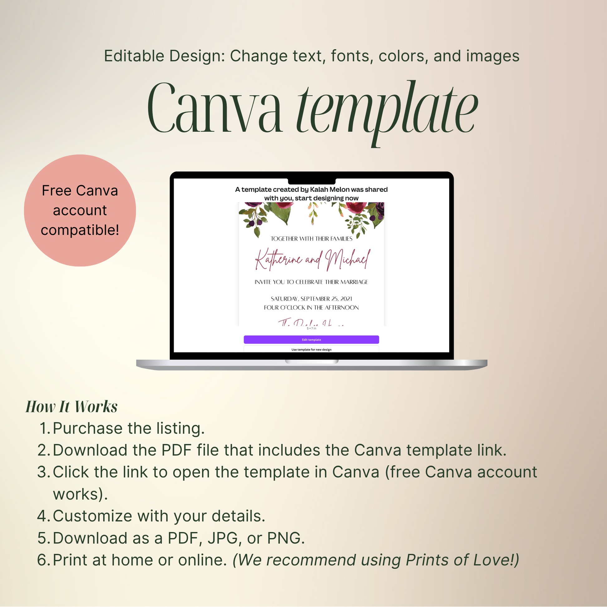 Canva template with a laptop displaying a wedding invitation design on a beige background.