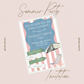 Summer party invitation card with beach-themed elements on a pink background