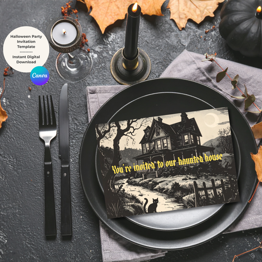 Halloween-themed digital download haunted house invitation card on a black plate.