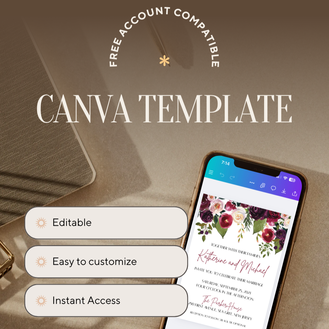 Smartphone displaying a Canva template with floral design and text on a wooden surface.