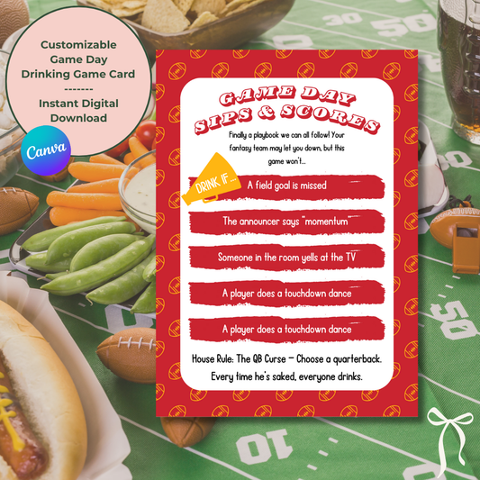 Game day sips and scores card with football-themed background