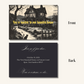 Front and back design of Halloween-themed invitation with haunted house illustration and text.