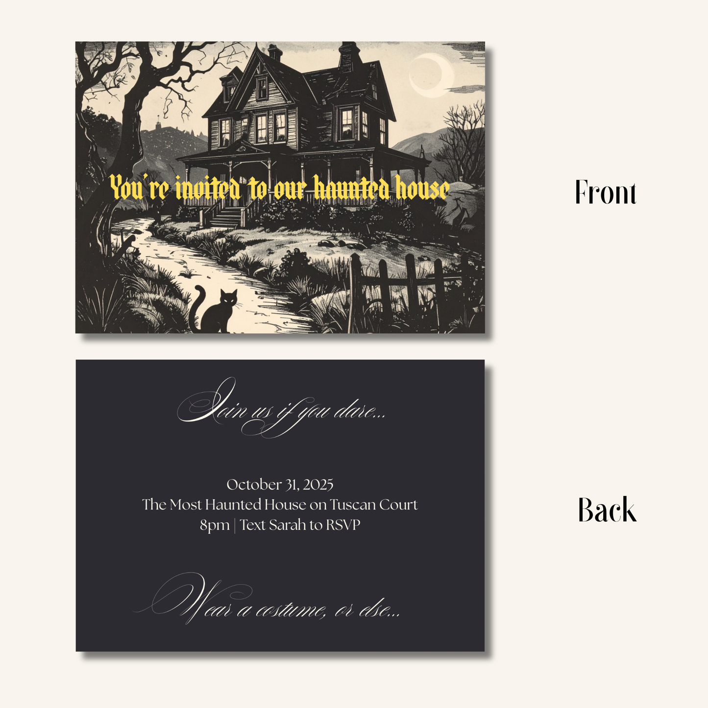 Front and back design of Halloween-themed invitation with haunted house illustration and text.