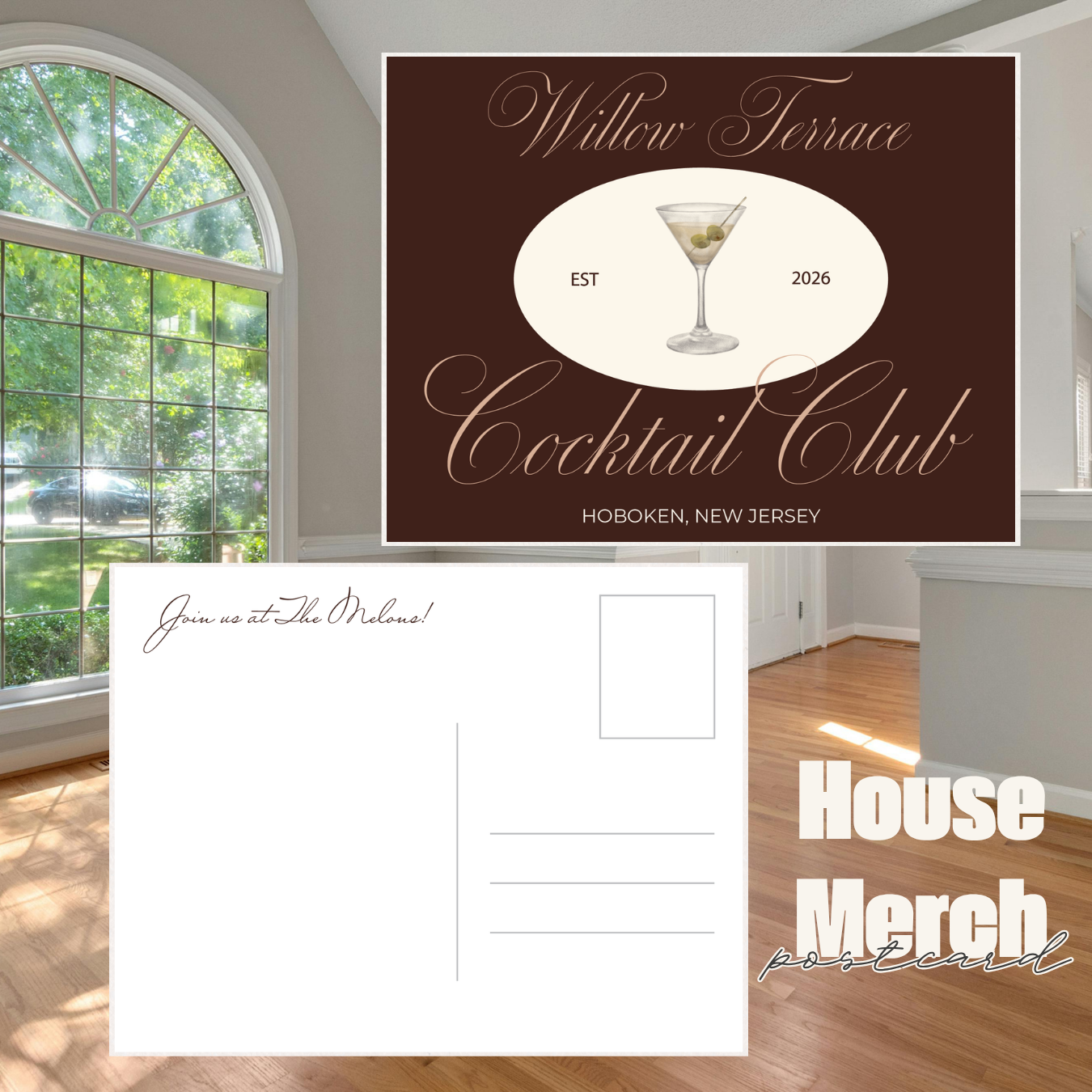 Personalized house postcard with a martini cocktail social-club design in blush pink, shown as a mockup