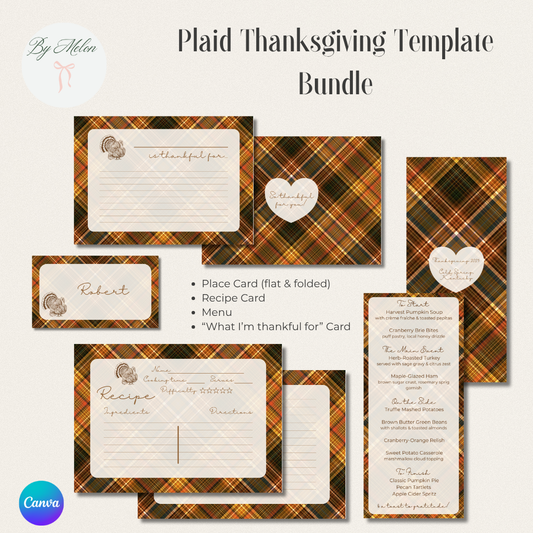 Plaid Thanksgiving template bundle with various cards on a white background
