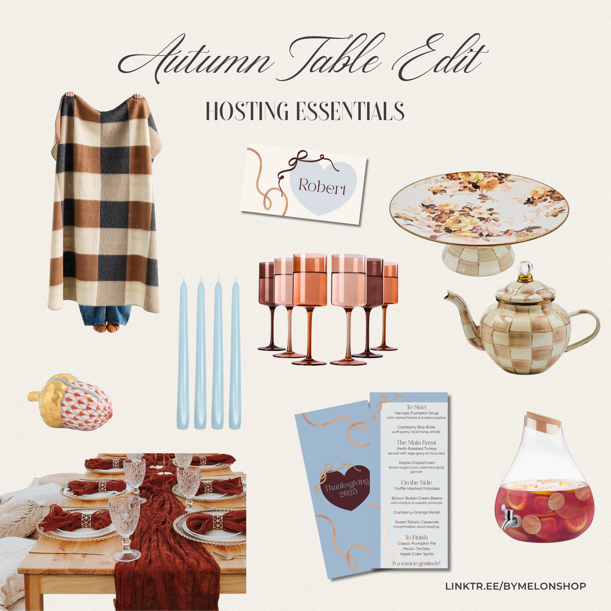 Autumn table setting with plaid blanket, glasses, teapot, and other hosting essentials on a white background.