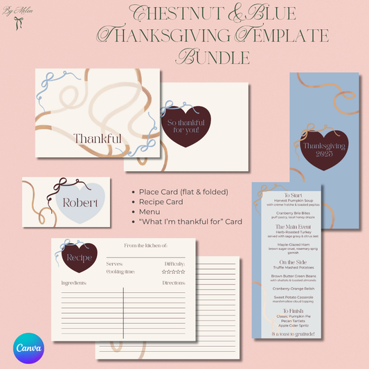 Thanksgiving template bundle with various cards and forms on a pink background