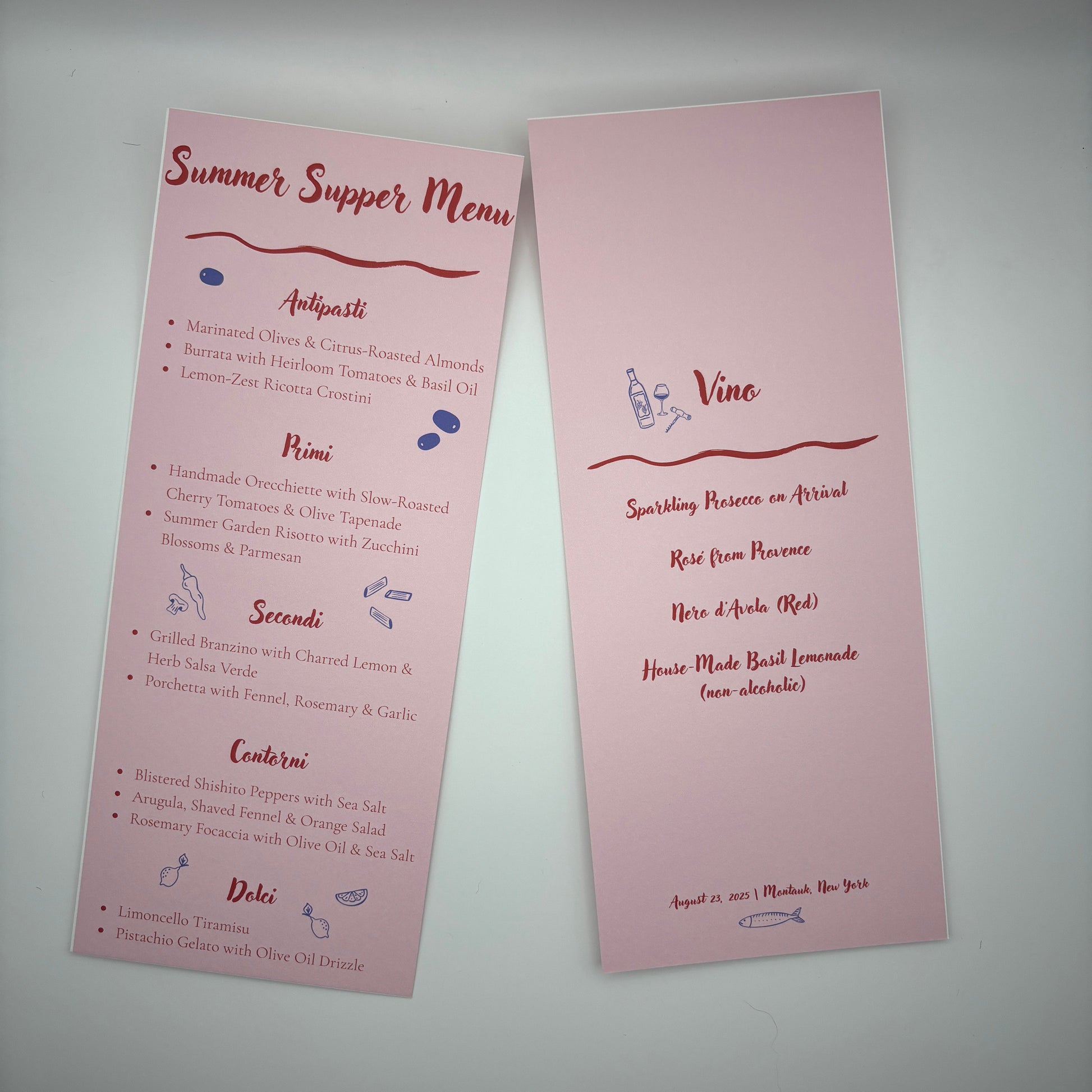 Printable dinner and drink menu template for weddings, showers, and Italian supper parties