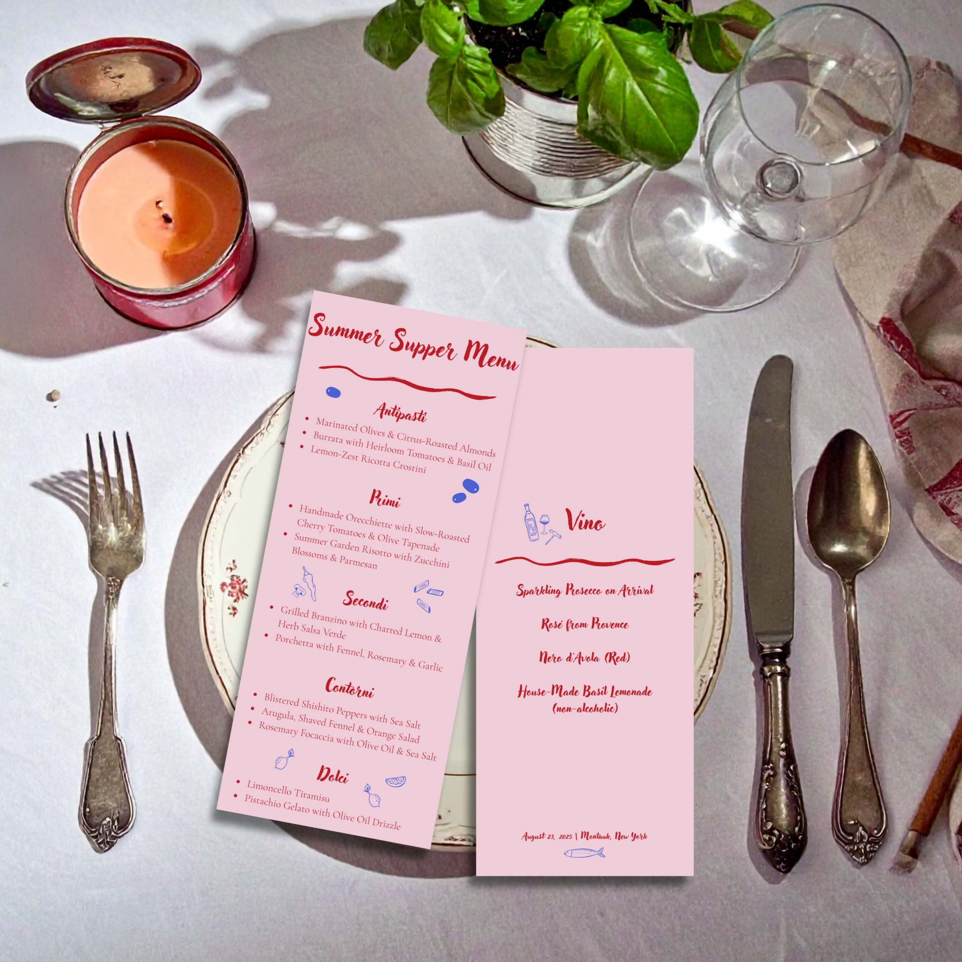 Front and back menu card design with playful pasta and wine illustrations