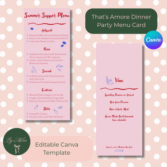 That’s Amore editable dinner menu card template – Italian dinner party stationery in pink and red