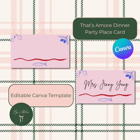 Editable Canva template for dinner party place cards on a plaid background