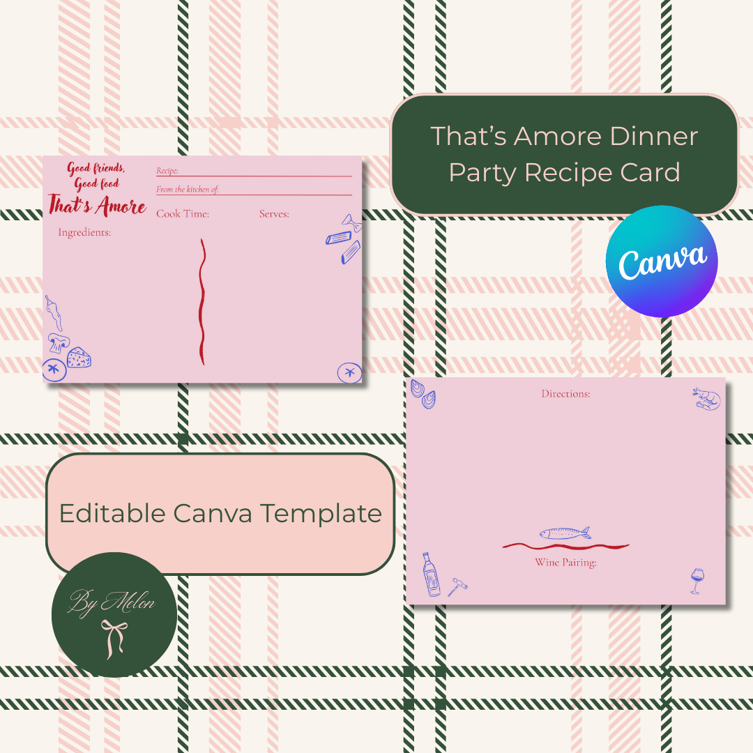 Italian-themed recipe card template editable in Canva. Printable 2-page design with pink background, pasta illustrations, and wine pairing section. Great for gifts, cooking, or bridal shower activities.