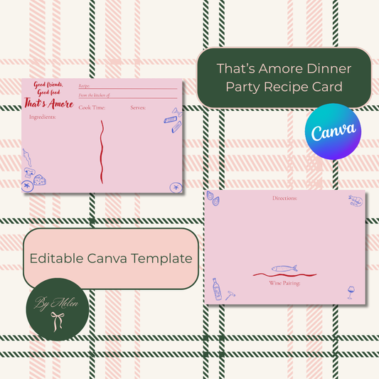 Italian-themed recipe card template editable in Canva. Printable 2-page design with pink background, pasta illustrations, and wine pairing section. Great for gifts, cooking, or bridal shower activities.