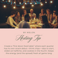 People gathered around a table at night with string lights above, featuring a 'Hosting Tip' by Melon.