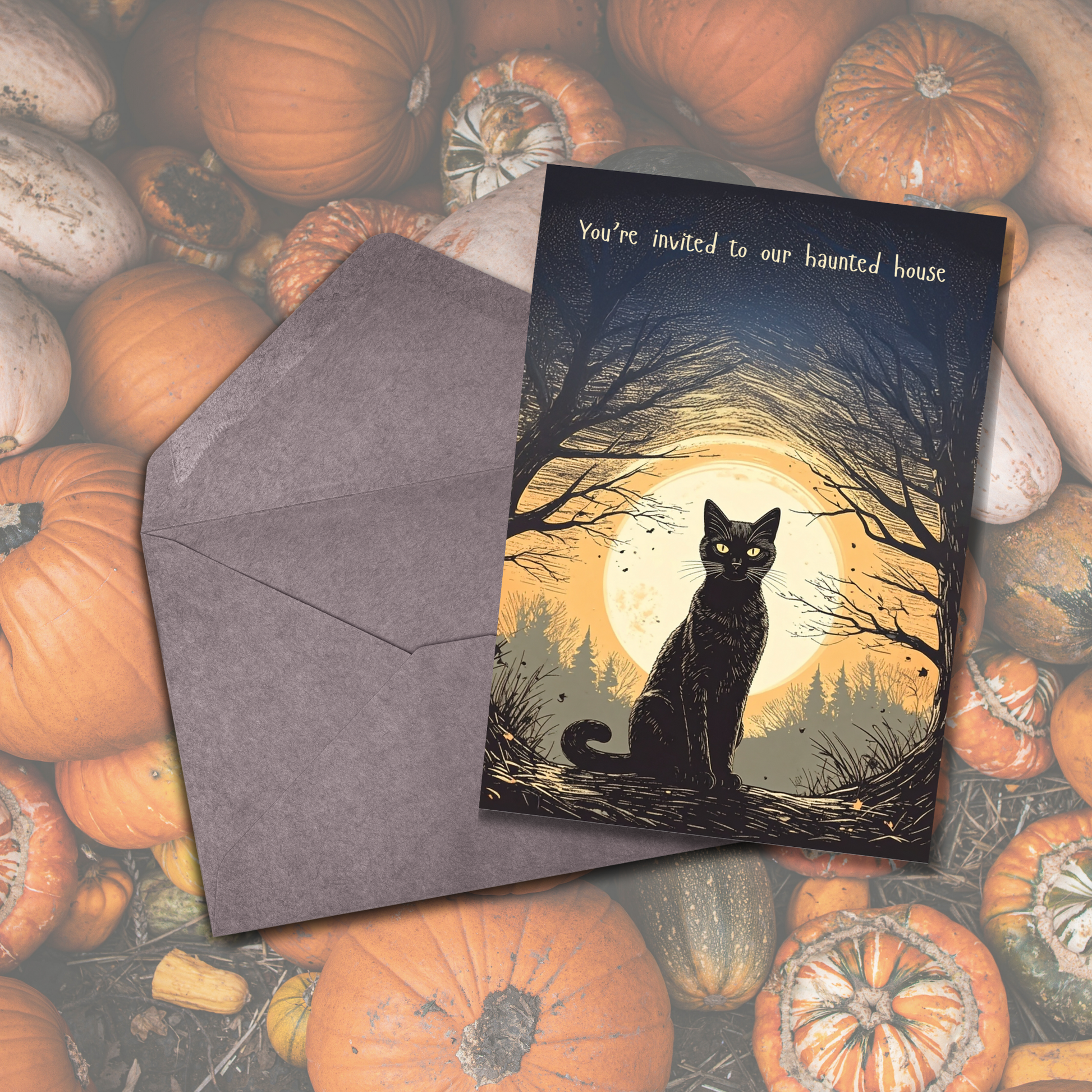 Halloween-themed card with a black cat and envelope on a background of pumpkins.