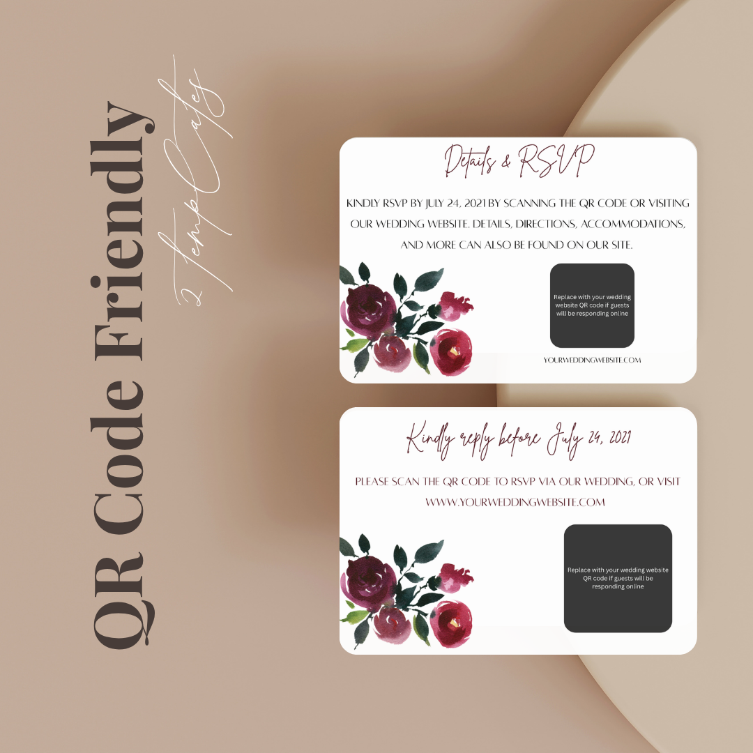 QR code friendly wedding invitation with floral design on a beige background