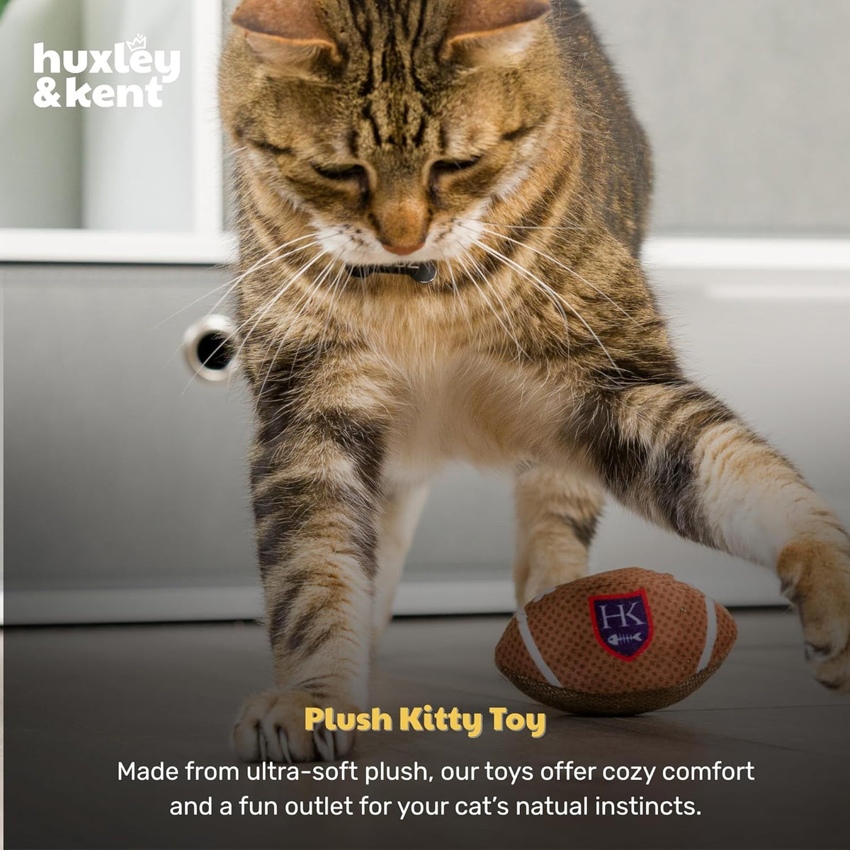 Cat playing with a plush toy shaped like a football