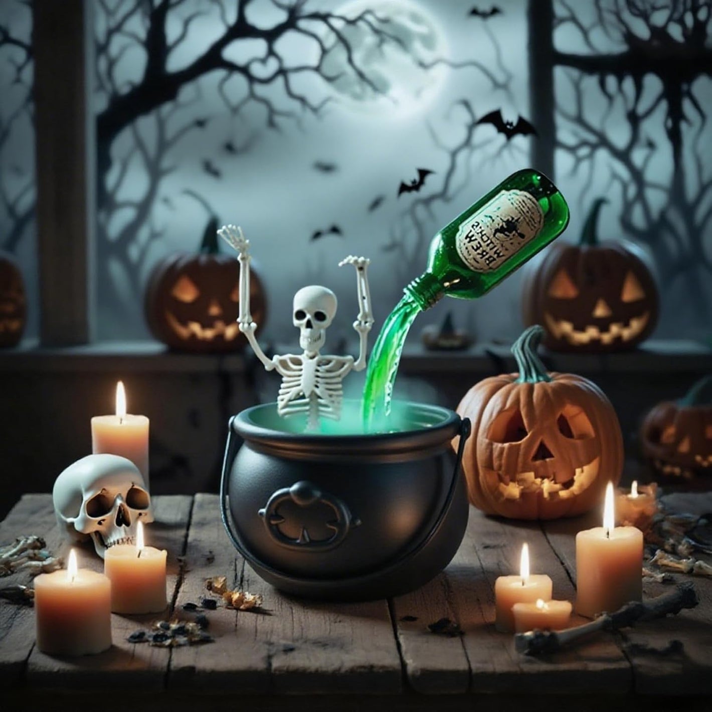 Halloween-themed scene with a skeleton, cauldron, and bottle pouring green liquid into it, surrounded by pumpkins and candles.