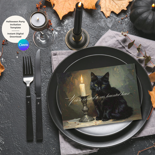 Editable Halloween party invitation template with black cat and candle displayed on elegant dark dinner table setting.